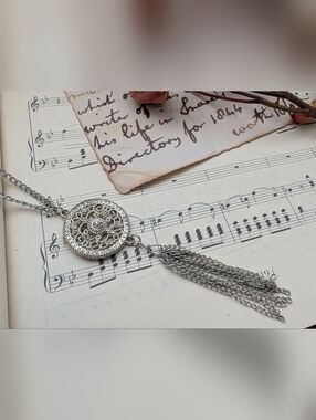 Silver Filigree Round Pendant Necklace with Chain Tassel